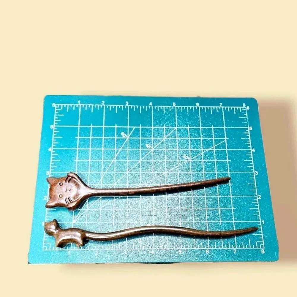 Wood Cat Face & Body Stick Chinese Style Women Hairpin Headwear Hair Fork Set 2